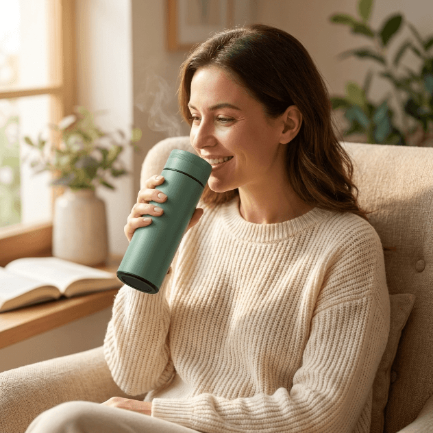 Woman enjoying a warm drink from a Thermoscup flask