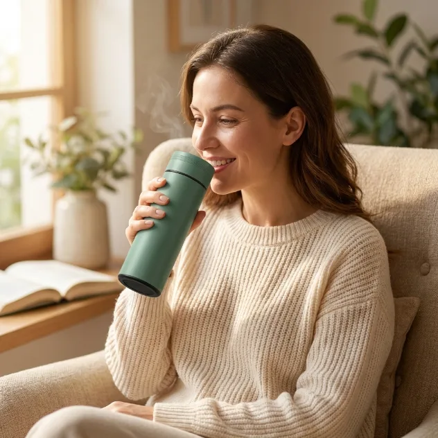 Woman enjoying a warm drink from a Thermoscup flask